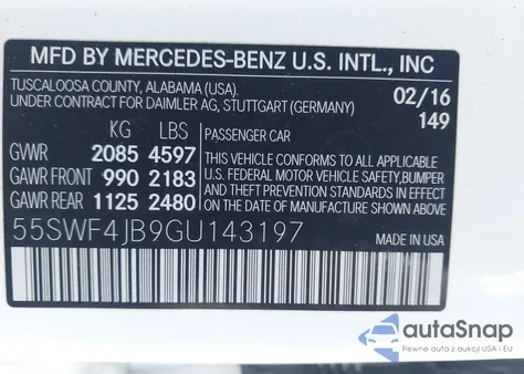 2016 Mercedes-Benz C 300 Luxury/Sport from USA, damaged, VIN 55SWF4JB9GU143197